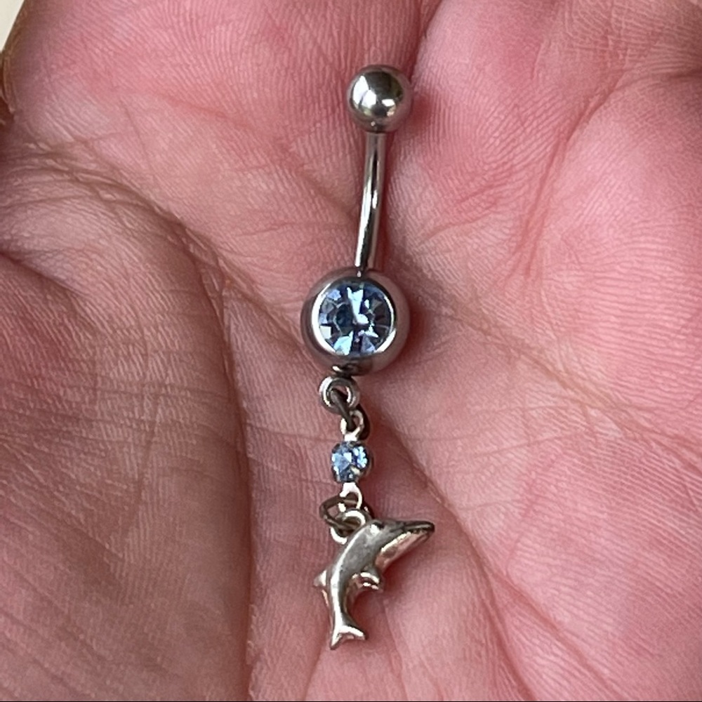 VTG Y2K STAINLESS STEEL Dangle belly ring blue rhinestone & dolphin